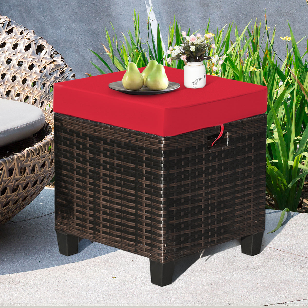 Patiojoy 2 Piece Outdoor Patio Rattan Ottoman Cushioned Wicker Stools Brown/Red/White/Turquoise/Navy