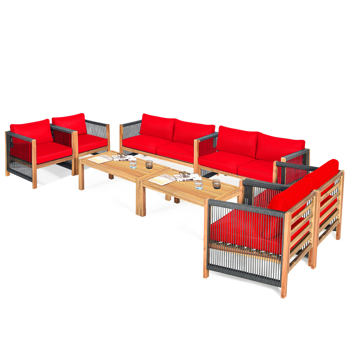 Patiojoy 4PCS/8PCS Outdoor Patio Wood Conversation Furniture Set Padded Chair with Coffee Table Red/Turquoise