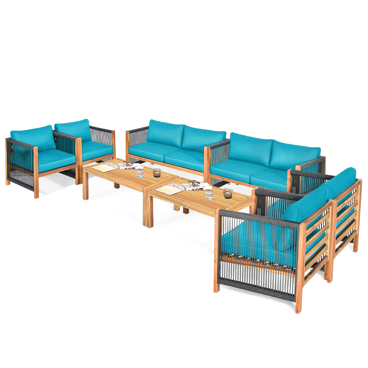 Patiojoy 4PCS/8PCS Outdoor Patio Wood Conversation Furniture Set Padded Chair with Coffee Table Red/Turquoise