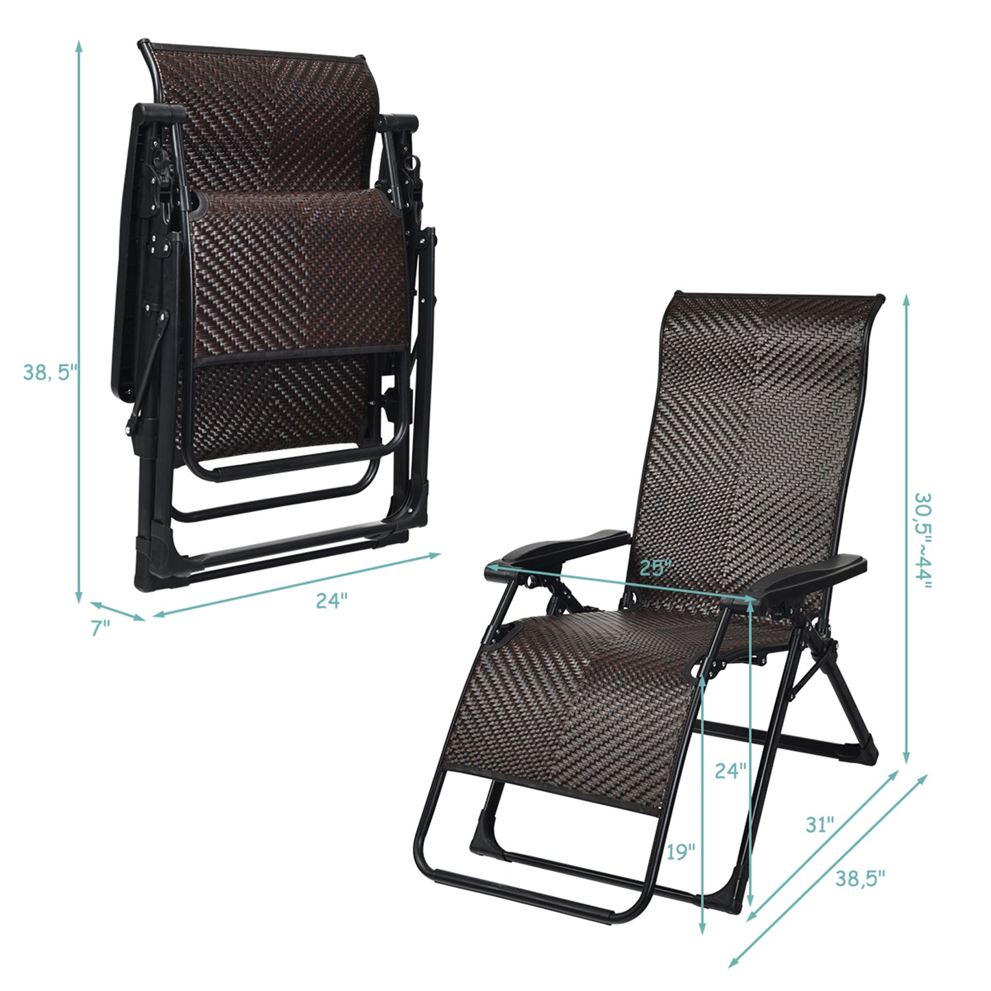 Patiojoy 2-Piece Patio Rattan Wicker Recliner Chair Zero Gravity Folding Chaise Lounger