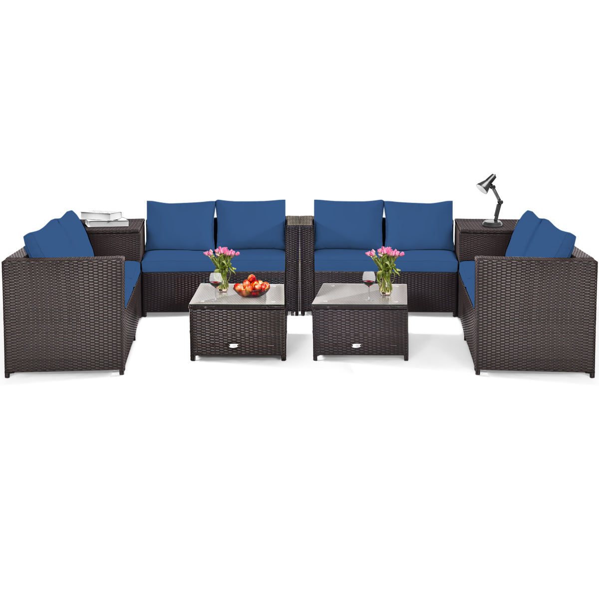 Patiojoy 4PCS/8PCS Outdoor Rattan Sectional Loveseat Couch Conversation Sofa Set with Storage Box&Coffee Table Navy/Red/Turquoise