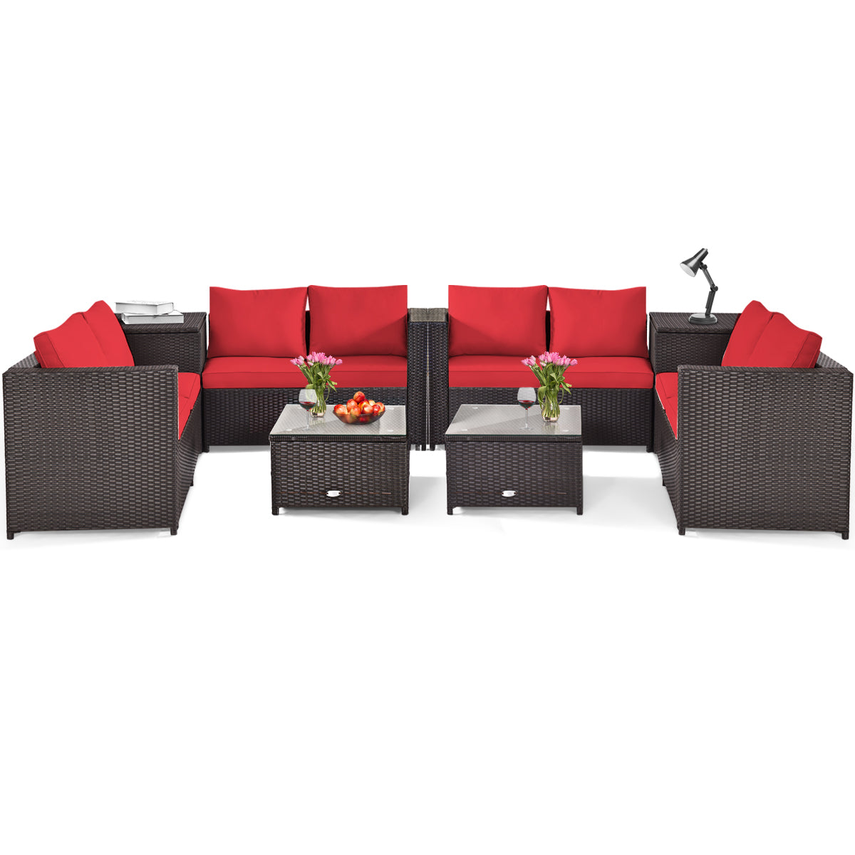 Patiojoy 4PCS/8PCS Outdoor Rattan Sectional Loveseat Couch Conversation Sofa Set with Storage Box&Coffee Table Navy/Red/Turquoise