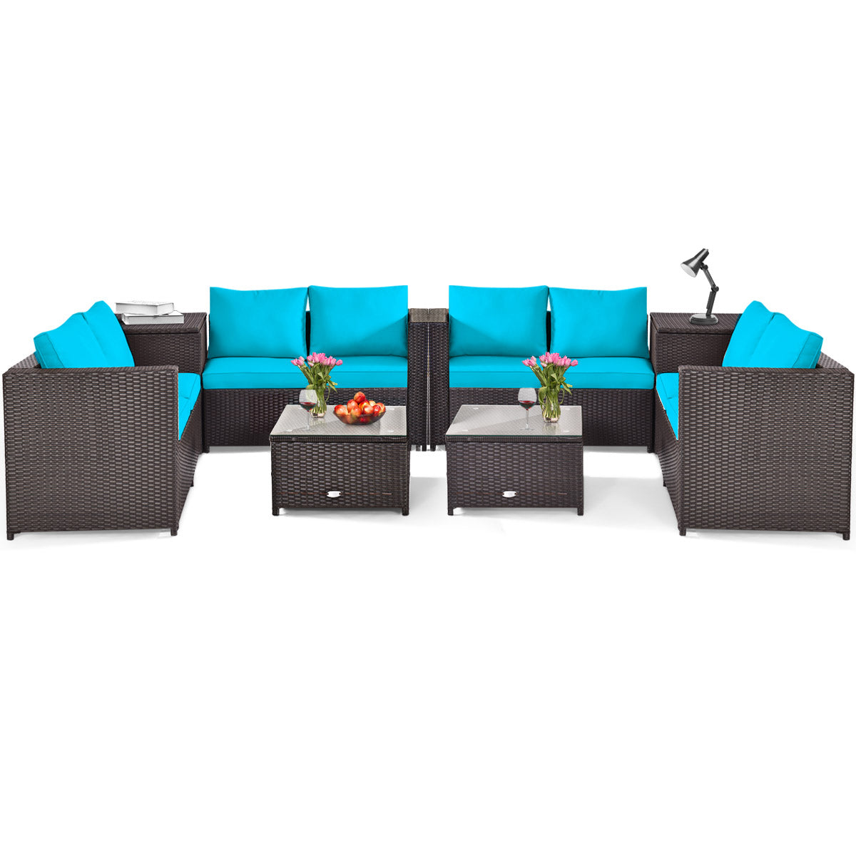 Patiojoy 4PCS/8PCS Outdoor Rattan Sectional Loveseat Couch Conversation Sofa Set with Storage Box&Coffee Table Navy/Red/Turquoise