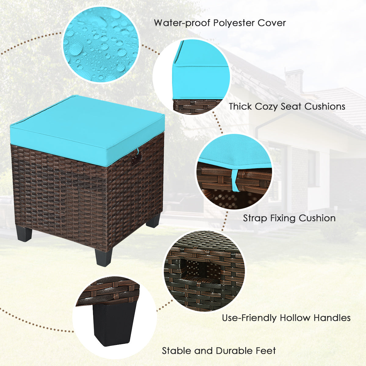 Patiojoy 2 Piece Outdoor Patio Rattan Ottoman Cushioned Wicker Stools Brown/Red/White/Turquoise/Navy