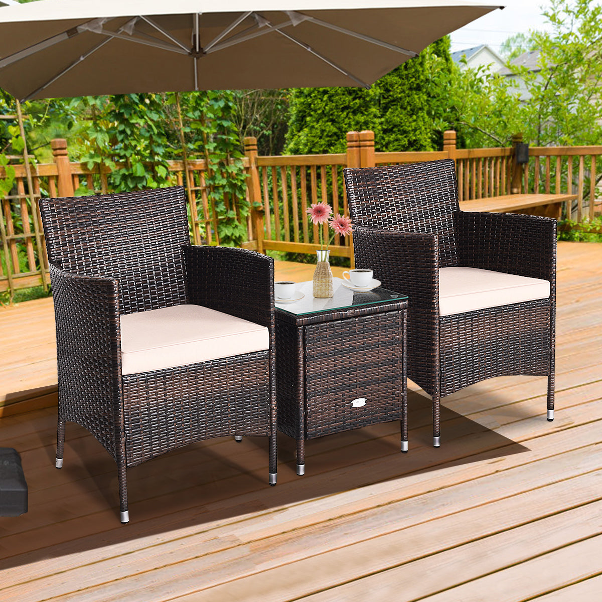 Patiojoy Outdoor Patio Rattan Conversation Set Garden Wicker Chairs 3 Pieces