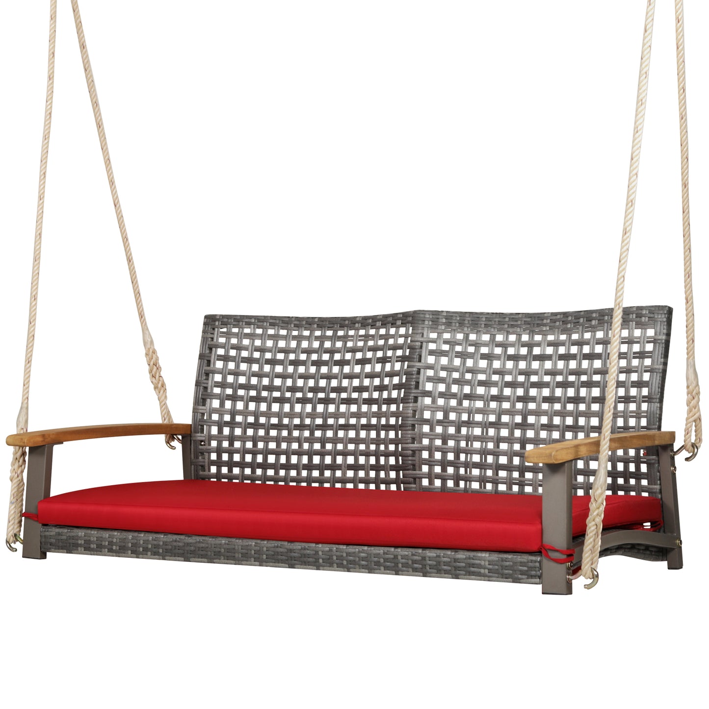 Patiojoy Patio 2-Person Wicker Loveseat Rattan Porch Hanging Swing Chair w/ with 118'' Hanging Ropes Seat Cushion & Acacia Wood Armrests Black/Red/Off White