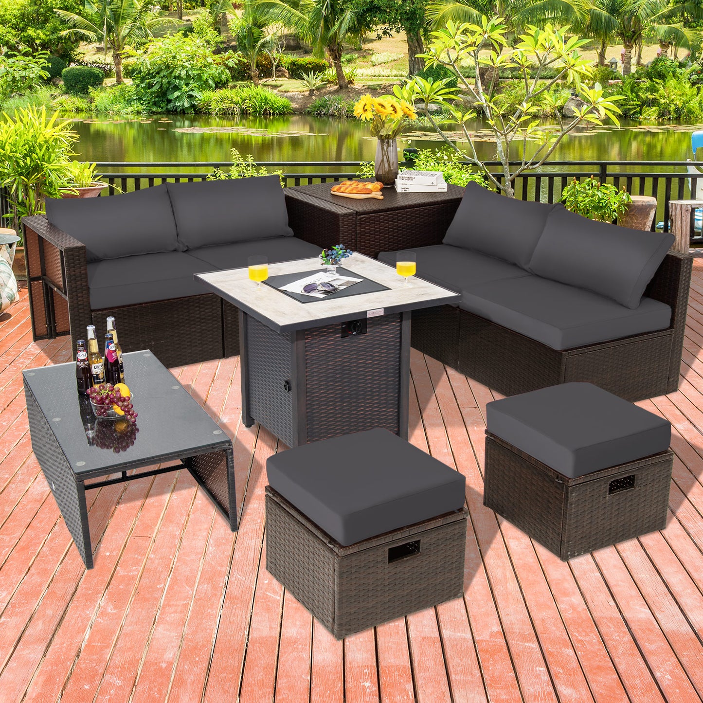 Topbuy 9 Pieces Outdoor Patio Furniture Set with 30'' Propane Fire Pit Table Outdoor PE Wicker Space-Saving Sectional Sofa Set with Storage Box and Cushions Black/Gray/Navy/Red/Turquoise/Off White