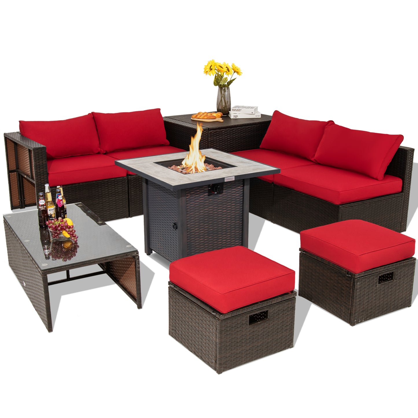 Topbuy 9 Pieces Outdoor Patio Furniture Set with 30'' Propane Fire Pit Table Outdoor PE Wicker Space-Saving Sectional Sofa Set with Storage Box and Cushions Black/Gray/Navy/Red/Turquoise/Off White