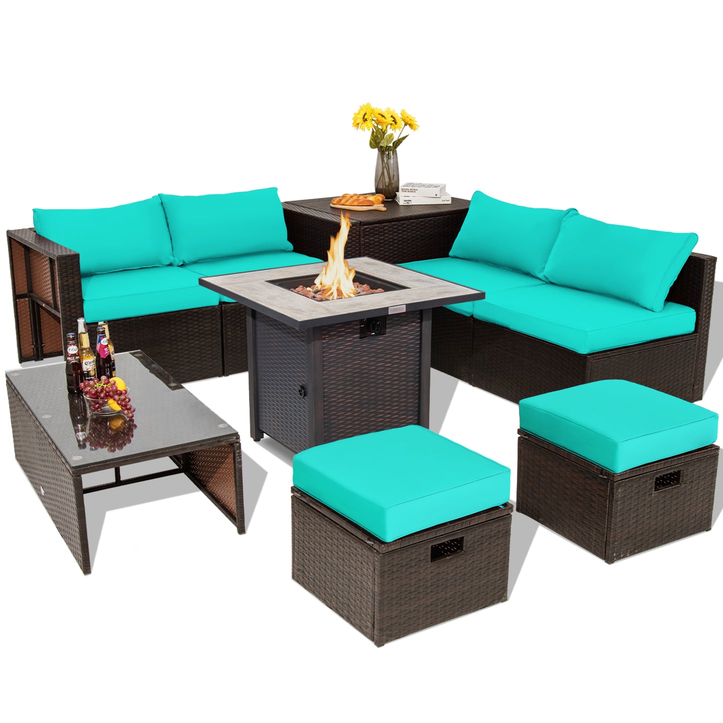 Topbuy 9 Pieces Outdoor Patio Furniture Set with 30'' Propane Fire Pit Table Outdoor PE Wicker Space-Saving Sectional Sofa Set with Storage Box and Cushions Black/Gray/Navy/Red/Turquoise/Off White