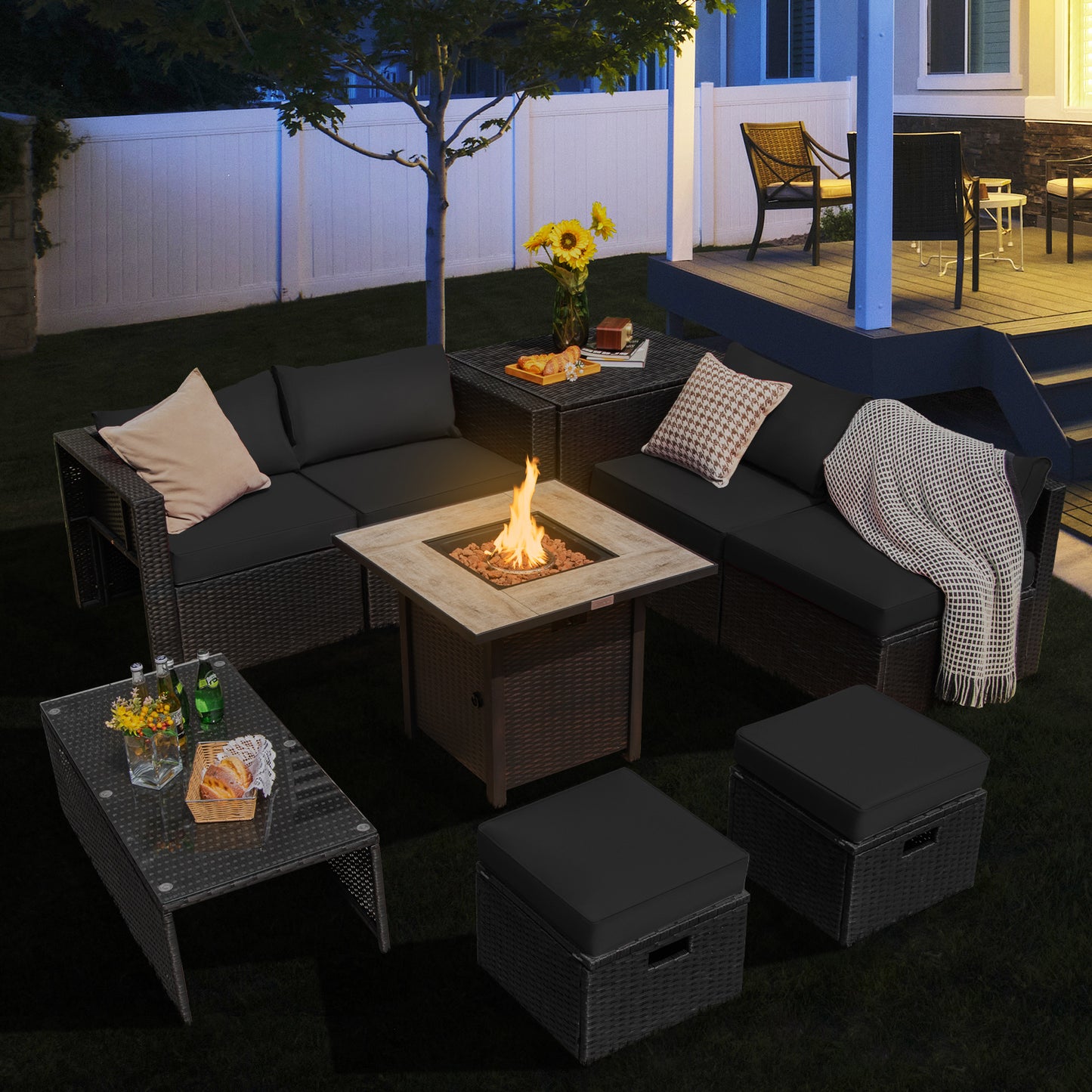 Topbuy 9 Pieces Outdoor PE Rattan Wicker Sectional Sofa with 42'' Gas Fire Pit Table Space-Saving Patio Conversation Set with Storage Box Black/Grey/Navy/Red/Turquoise/Off White