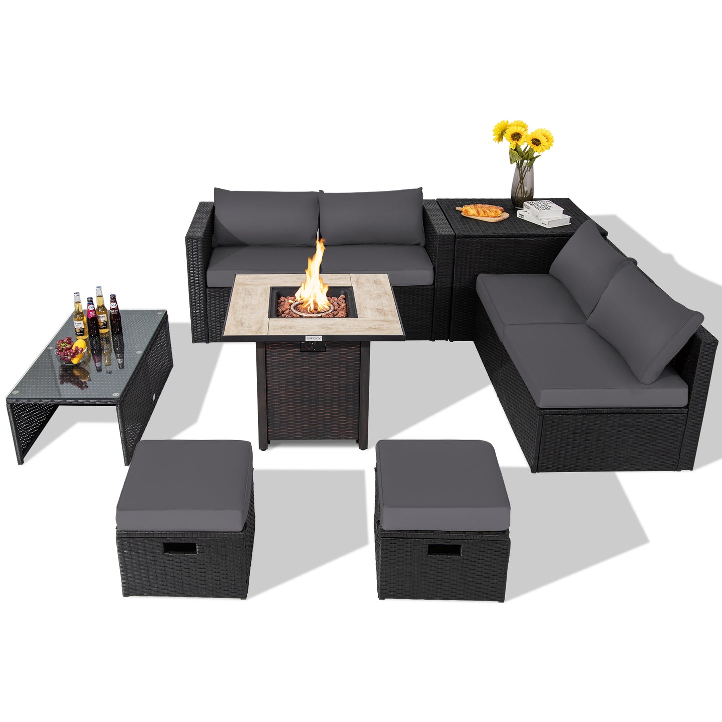 Topbuy 9 Pieces Outdoor PE Rattan Wicker Sectional Sofa with 42'' Gas Fire Pit Table Space-Saving Patio Conversation Set with Storage Box Black/Grey/Navy/Red/Turquoise/Off White