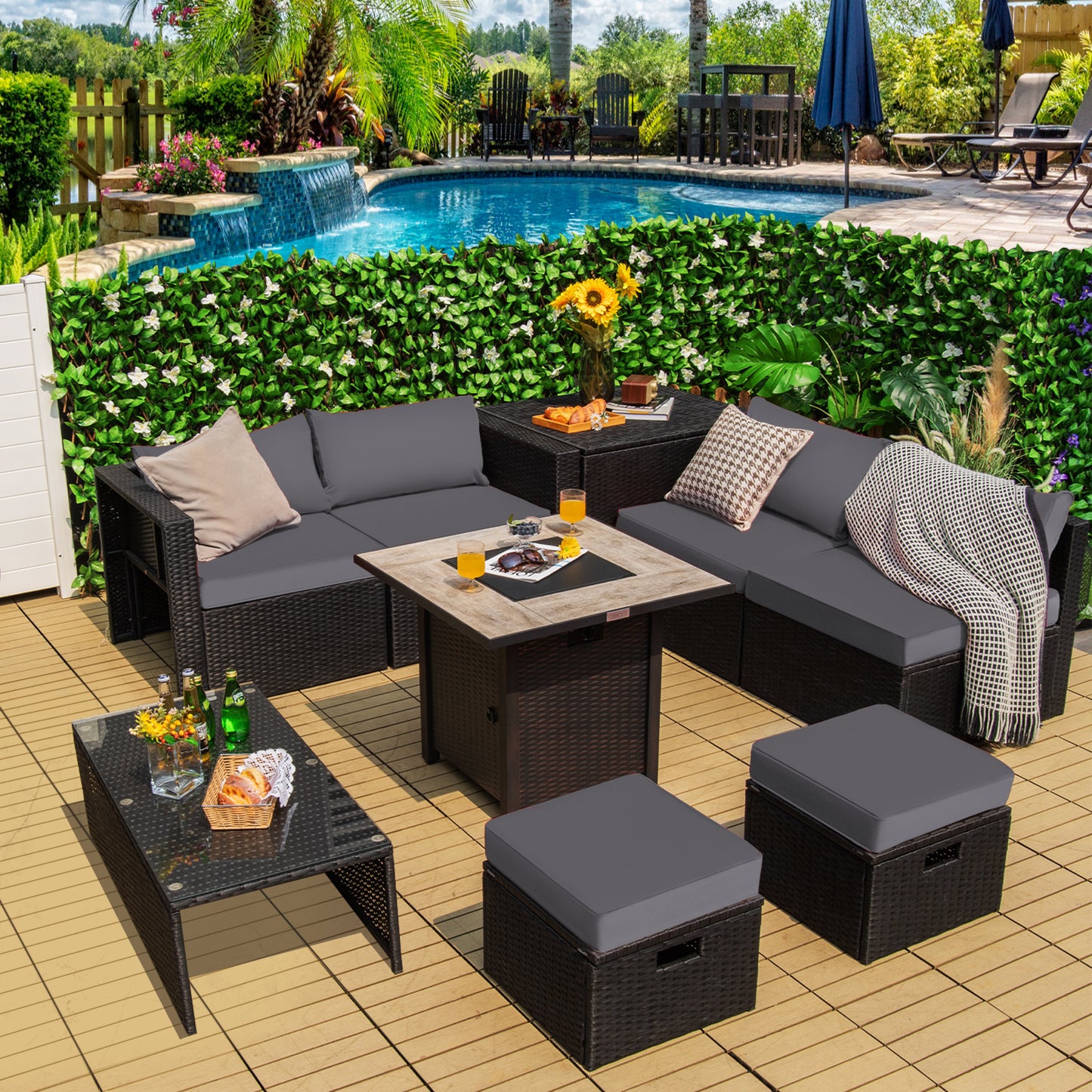 Topbuy 9 Pieces Outdoor PE Rattan Wicker Sectional Sofa with 42'' Gas Fire Pit Table Space-Saving Patio Conversation Set with Storage Box Black/Grey/Navy/Red/Turquoise/Off White