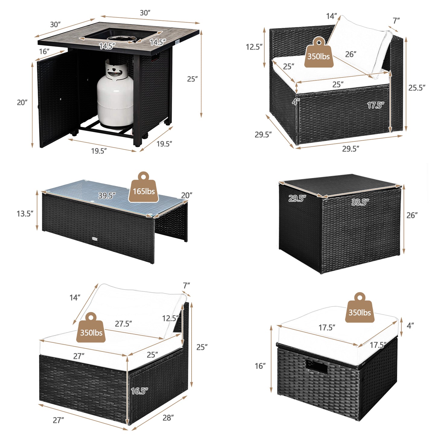 Topbuy 9 Pieces Outdoor PE Rattan Wicker Sectional Sofa with 42'' Gas Fire Pit Table Space-Saving Patio Conversation Set with Storage Box Black/Grey/Navy/Red/Turquoise/Off White