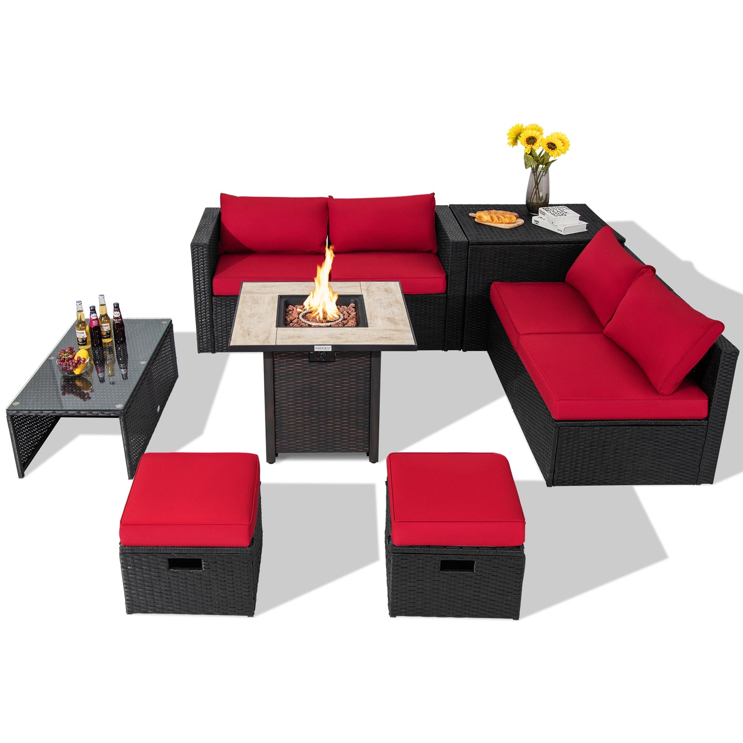 Topbuy 9 Pieces Outdoor PE Rattan Wicker Sectional Sofa with 42'' Gas Fire Pit Table Space-Saving Patio Conversation Set with Storage Box Black/Grey/Navy/Red/Turquoise/Off White