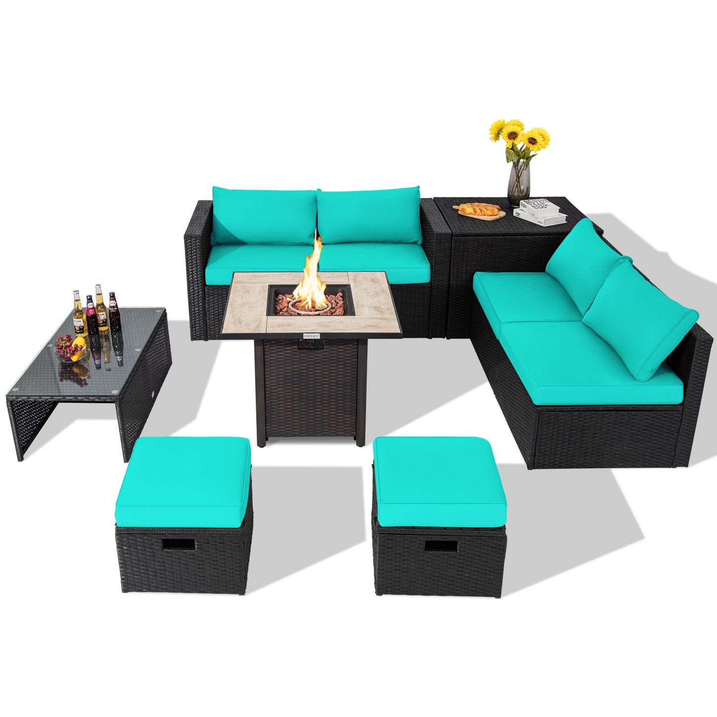 Topbuy 9 Pieces Outdoor PE Rattan Wicker Sectional Sofa with 42'' Gas Fire Pit Table Space-Saving Patio Conversation Set with Storage Box Black/Grey/Navy/Red/Turquoise/Off White