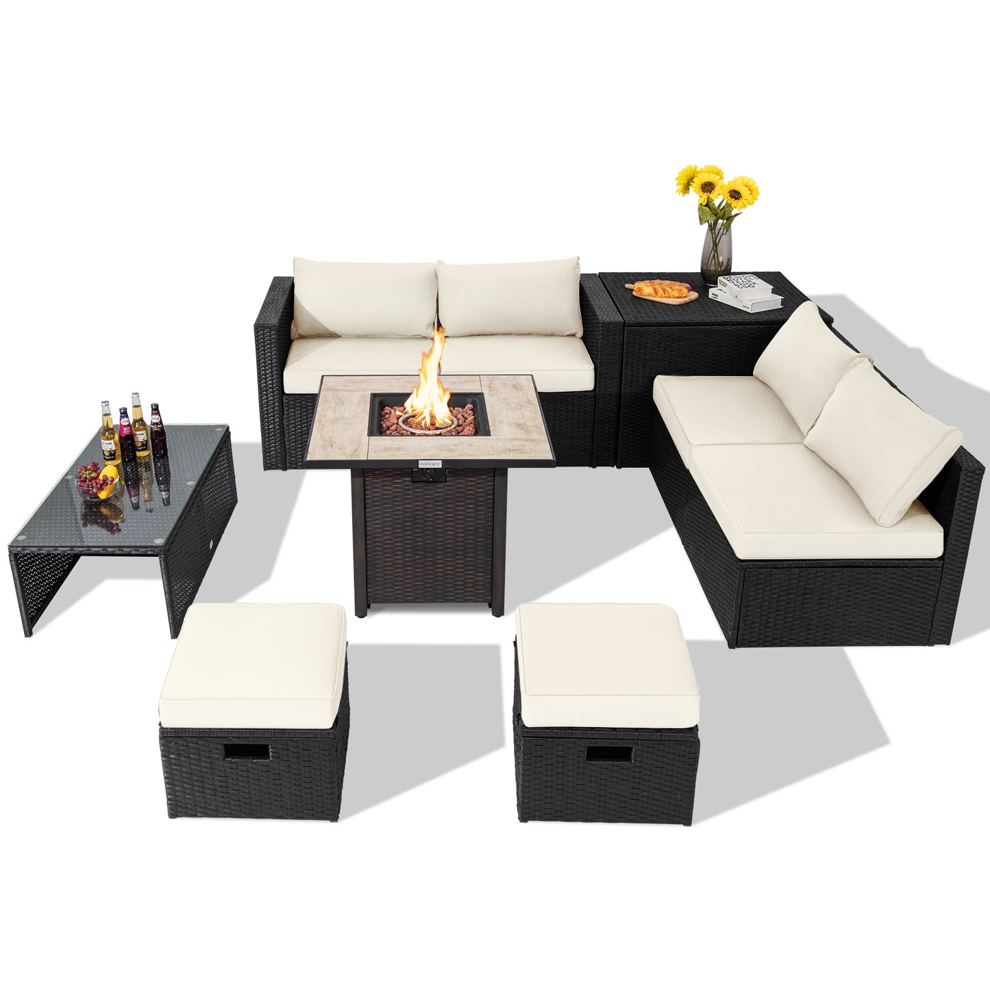 Topbuy 9 Pieces Outdoor PE Rattan Wicker Sectional Sofa with 42'' Gas Fire Pit Table Space-Saving Patio Conversation Set with Storage Box Black/Grey/Navy/Red/Turquoise/Off White