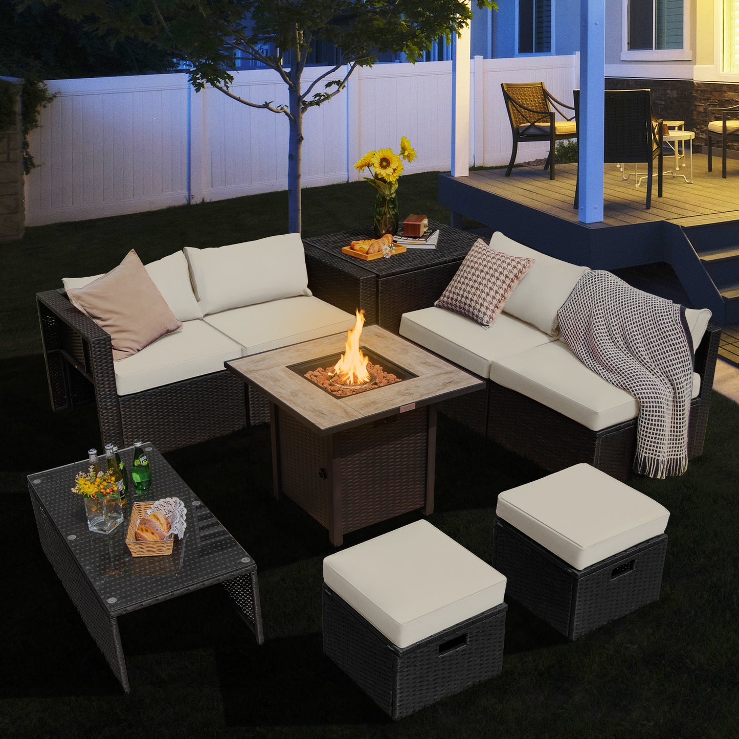 Topbuy 9 Pieces Outdoor PE Rattan Wicker Sectional Sofa with 42'' Gas Fire Pit Table Space-Saving Patio Conversation Set with Storage Box Black/Grey/Navy/Red/Turquoise/Off White