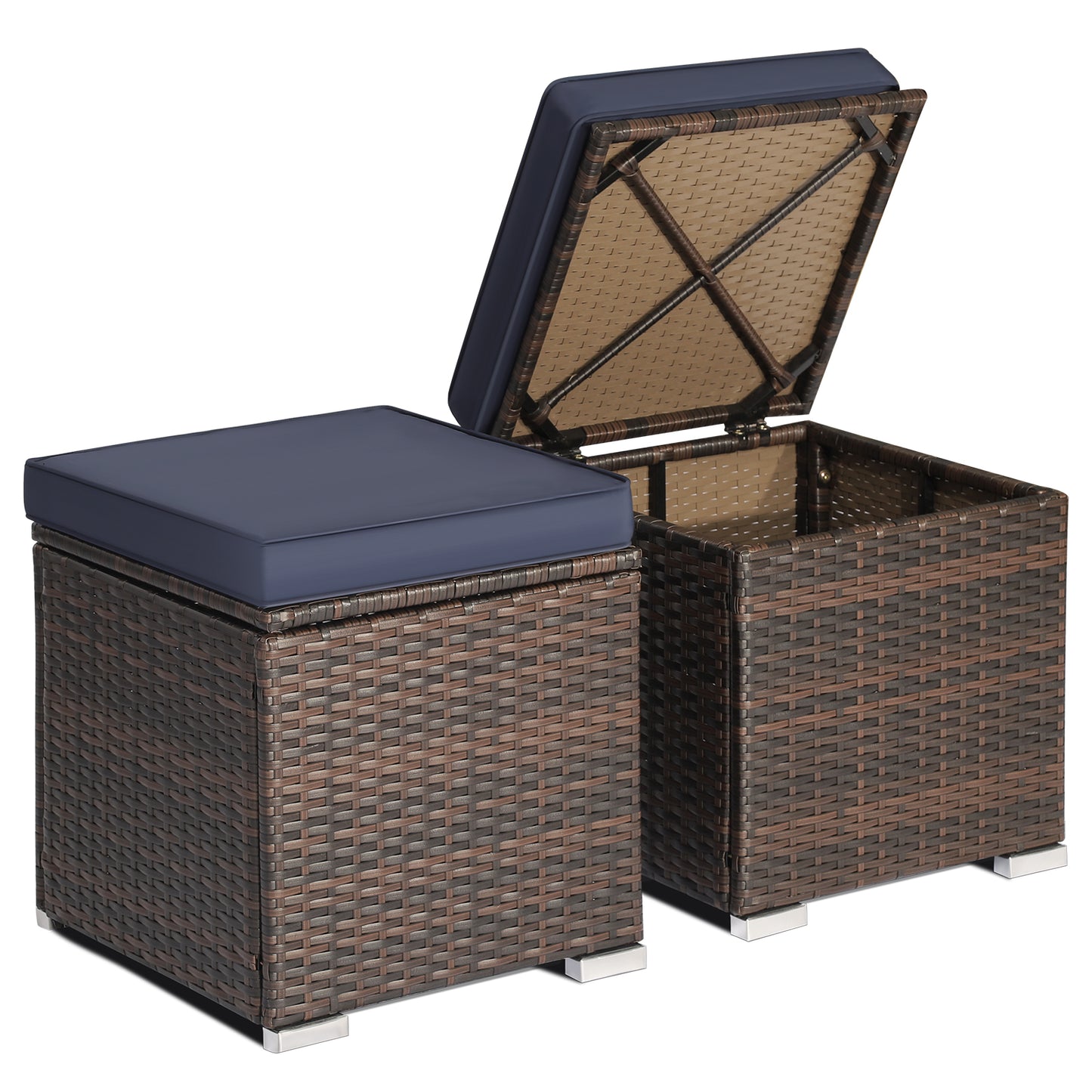 Topbuy 2 Pieces Patio Ottoman Multipurpose Outdoor Wicker Footstool Storage Box Side Table w/ Solid Metal Frame Additional Seating w/ Removable Cushions Beige/Off White/Red/Turquoise/Gray/Navy