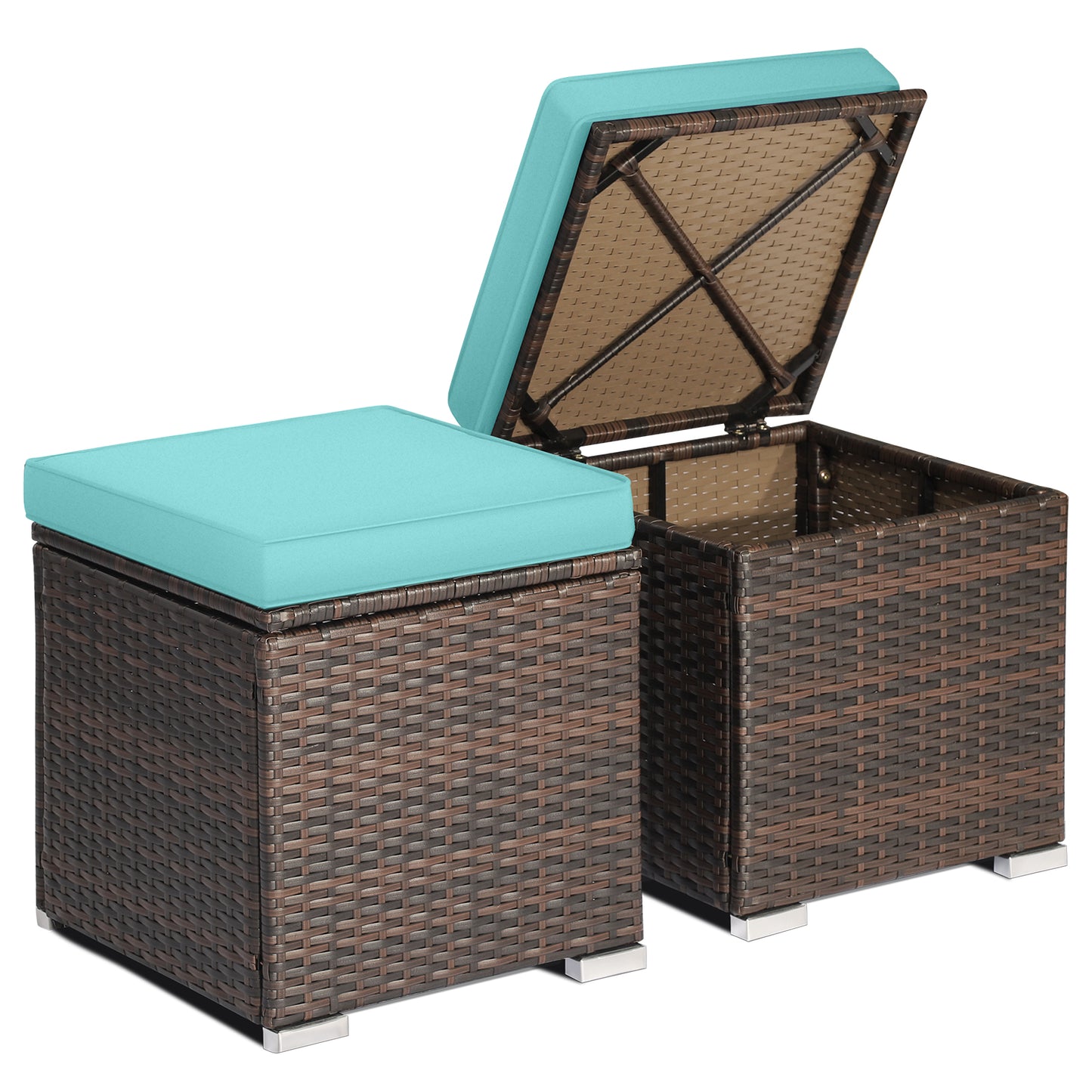 Topbuy 2 Pieces Patio Ottoman Multipurpose Outdoor Wicker Footstool Storage Box Side Table w/ Solid Metal Frame Additional Seating w/ Removable Cushions Beige/Off White/Red/Turquoise/Gray/Navy