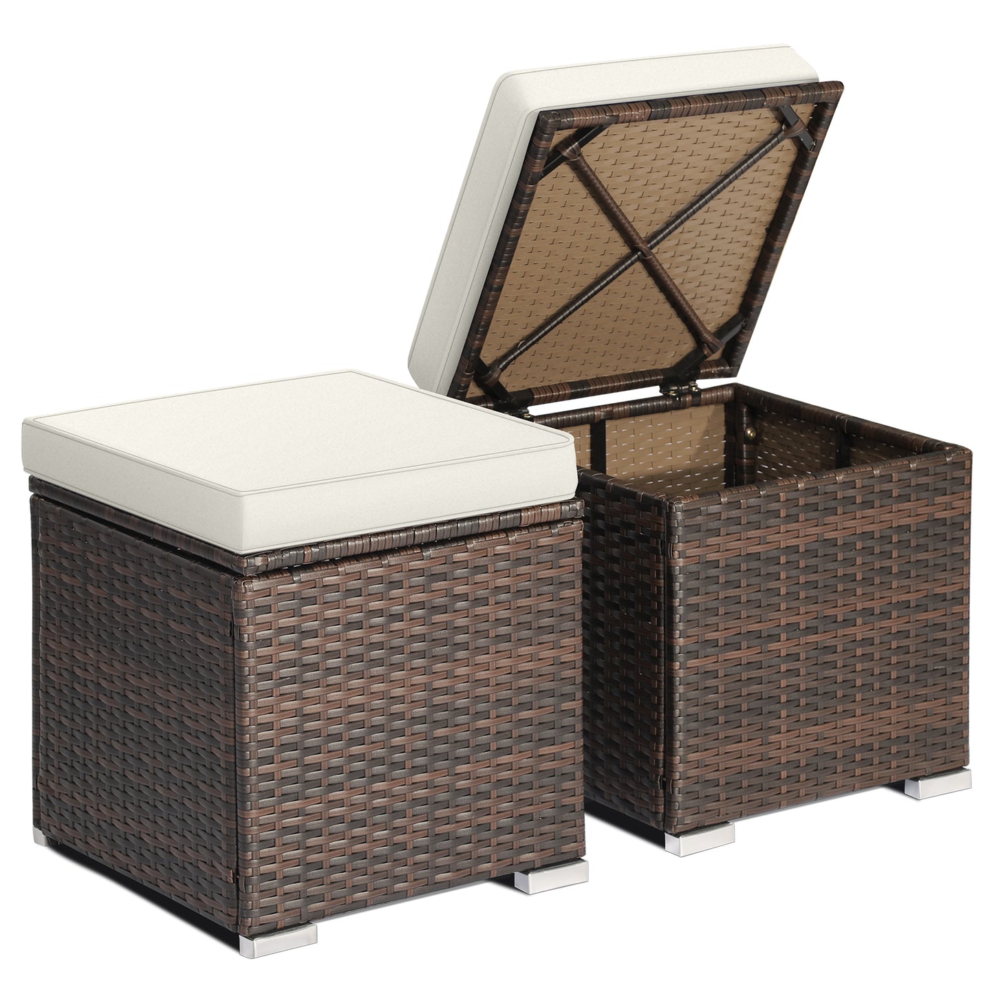 Topbuy 2 Pieces Patio Ottoman Multipurpose Outdoor Wicker Footstool Storage Box Side Table w/ Solid Metal Frame Additional Seating w/ Removable Cushions Beige/Off White/Red/Turquoise/Gray/Navy