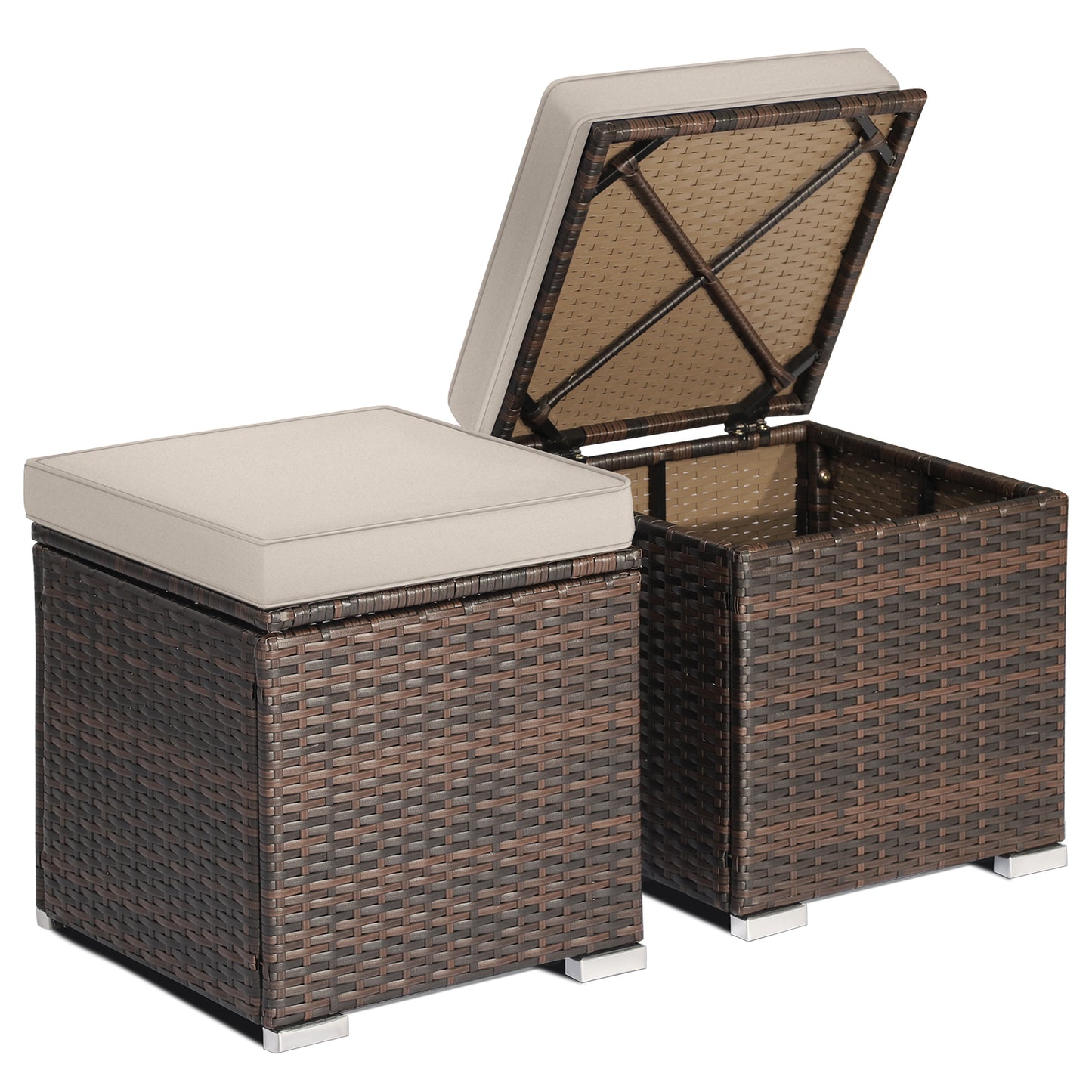 Topbuy 2 Pieces Patio Ottoman Multipurpose Outdoor Wicker Footstool Storage Box Side Table w/ Solid Metal Frame Additional Seating w/ Removable Cushions Beige/Off White/Red/Turquoise/Gray/Navy