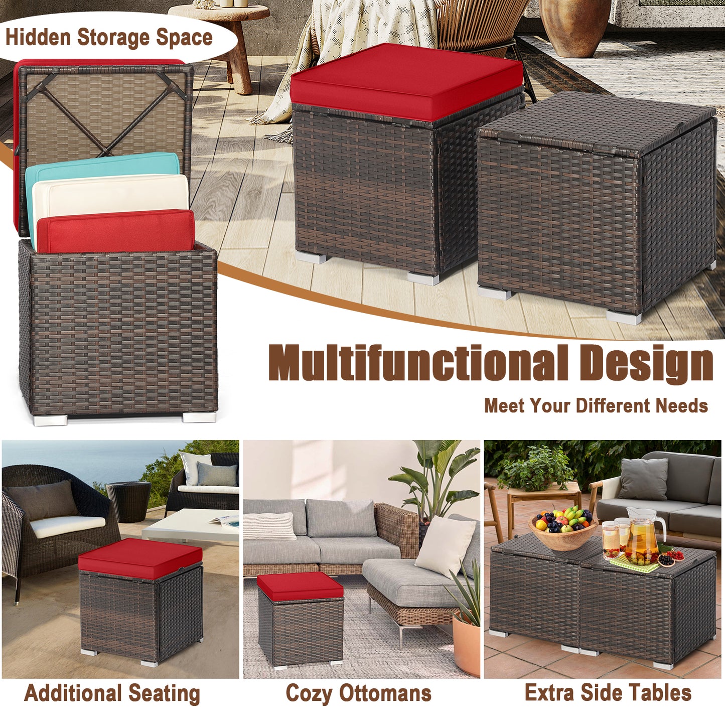 Topbuy 2 Pieces Patio Ottoman Multipurpose Outdoor Wicker Footstool Storage Box Side Table w/ Solid Metal Frame Additional Seating w/ Removable Cushions Beige/Off White/Red/Turquoise/Gray/Navy