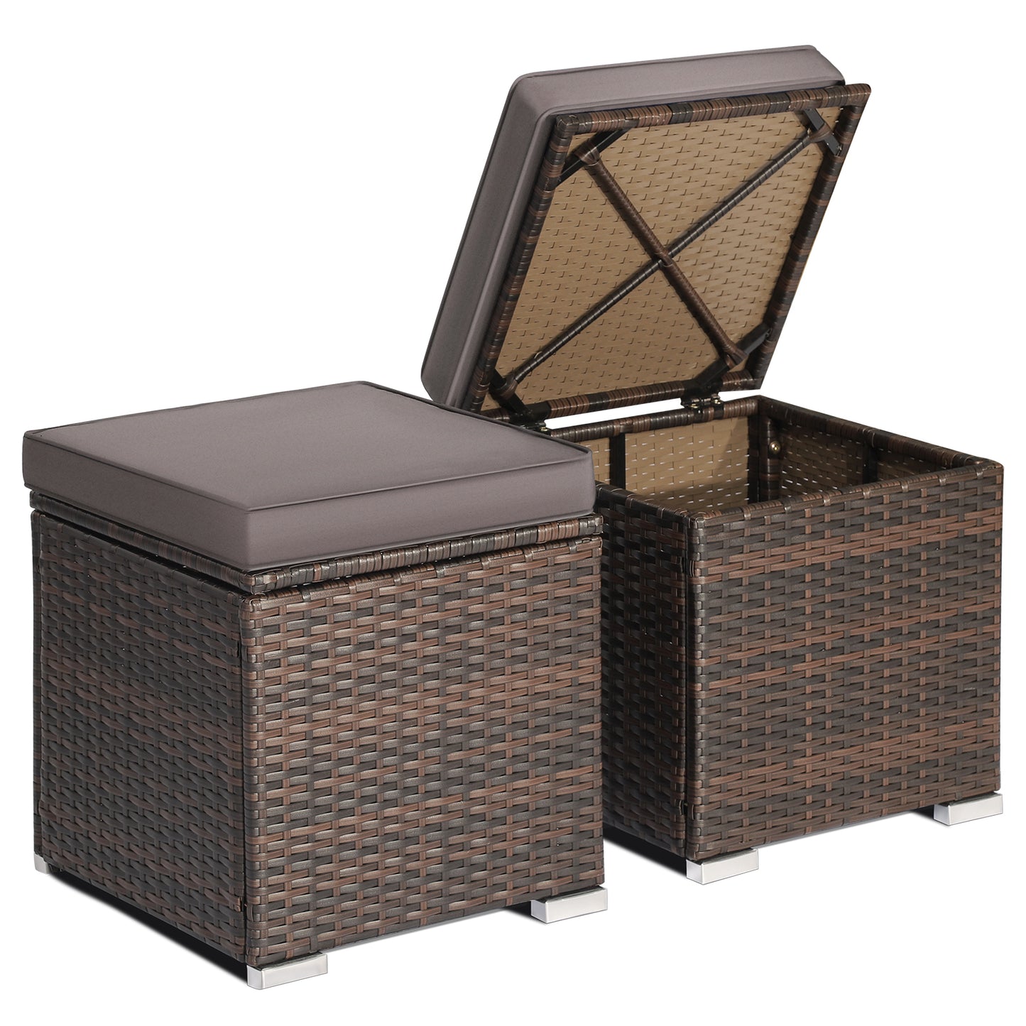 Topbuy 2 Pieces Patio Ottoman Multipurpose Outdoor Wicker Footstool Storage Box Side Table w/ Solid Metal Frame Additional Seating w/ Removable Cushions Beige/Off White/Red/Turquoise/Gray/Navy