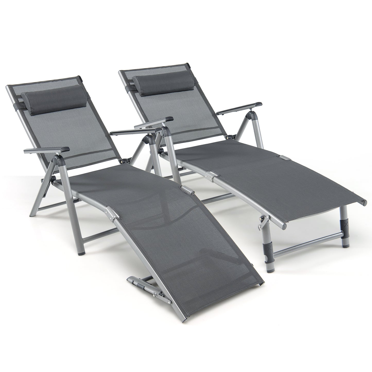 Topbuy 1PC/2PCS Outdoor Chaise Lounge Chair, Folding Lounge Chair w/ 8-Level Adjustable Backrests Heavy-Duty Aluminum Frame Cozy Headrest Pillow