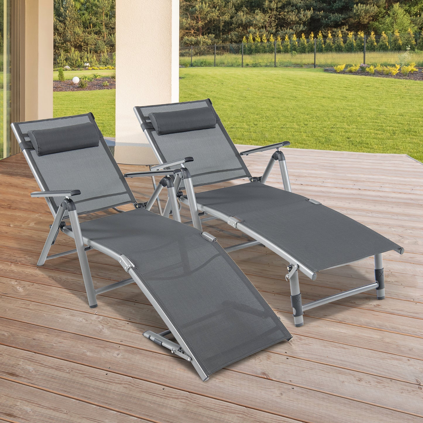 Topbuy 1PC/2PCS Outdoor Chaise Lounge Chair, Folding Lounge Chair w/ 8-Level Adjustable Backrests Heavy-Duty Aluminum Frame Cozy Headrest Pillow