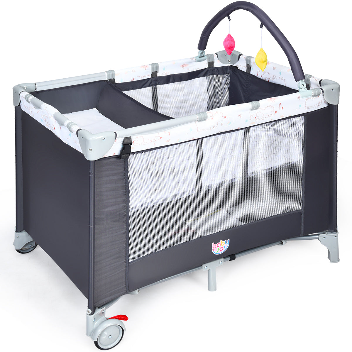 Topbuy 3 in 1 Convertible Baby Playards Portable Baby Playpen with Bassinet& Toys