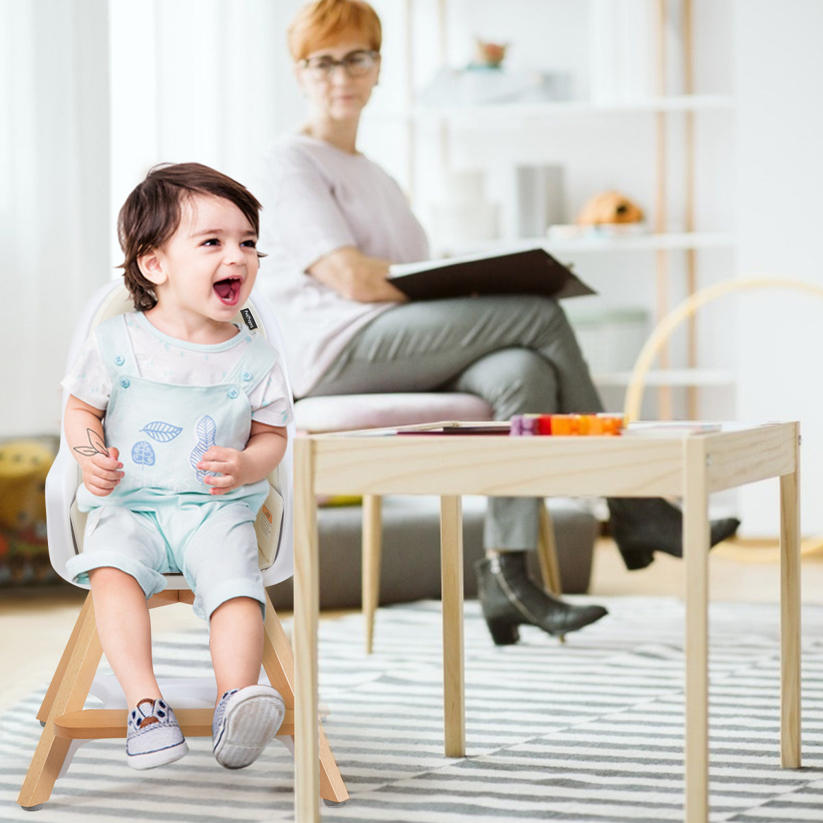 Topbuy Baby High Chair Convertible 3 in 1 Wooden High Chair with Removable Food Tray Gray/Beige