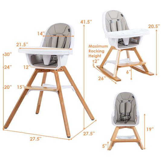 Topbuy Baby High Chair Convertible 3 in 1 Wooden High Chair with Removable Food Tray Gray/Beige