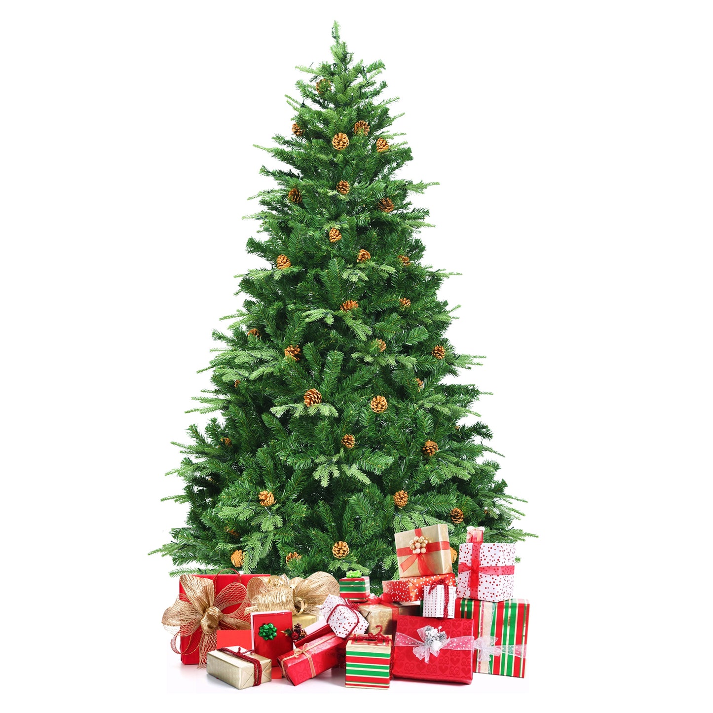 Topbuy 7' PVC Artificial Pine Tree Pre-Lit Christmas Tree w/ 460 LED Lights & Pine Cones