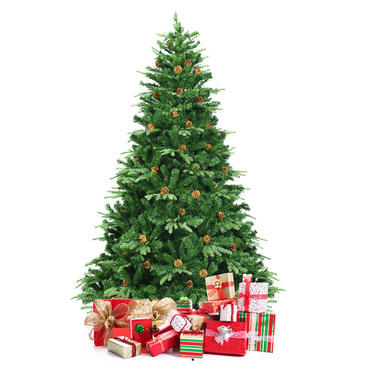 Topbuy 7.5' PE/PVC Artificial Pine Tree Pre-Lit Christmas Tree w/ 540 LED Lights & Pine Cones