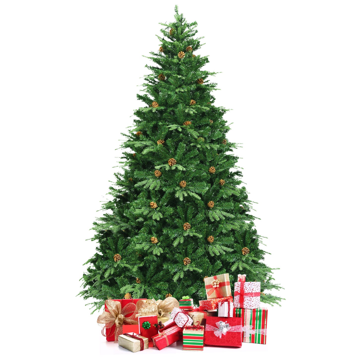 Topbuy 8' PE/PVC Artificial Pine Tree Pre-Lit Christmas Tree w/ 600 LED Lights & Pine Cones