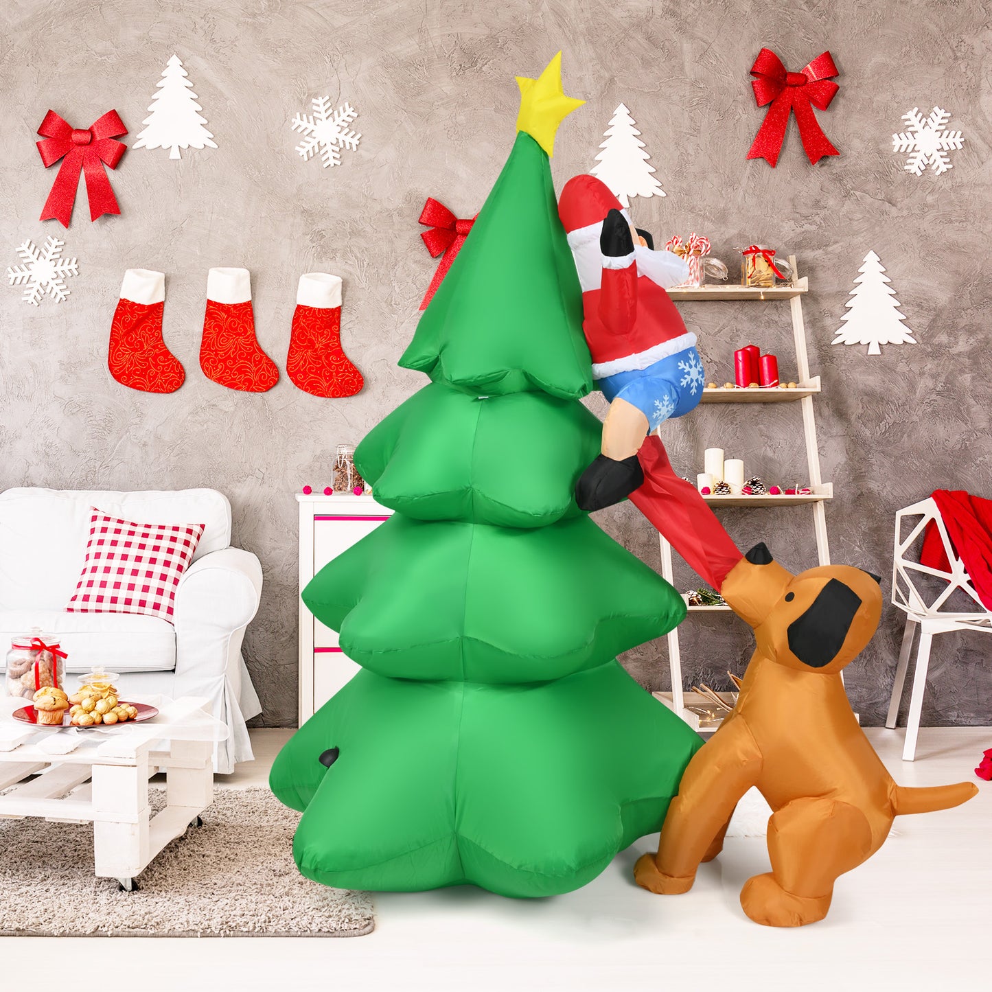 Topbuy 6 FT Inflatable Christmas Tree Santa Claus Climbing Tree Chased by Puppy Dog