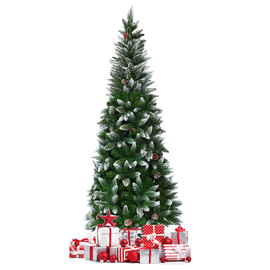 Topbuy 7.5FT Artificial Pencil Christmas Tree Snow Flocked Tree w/ Pine Cones and Metal stand