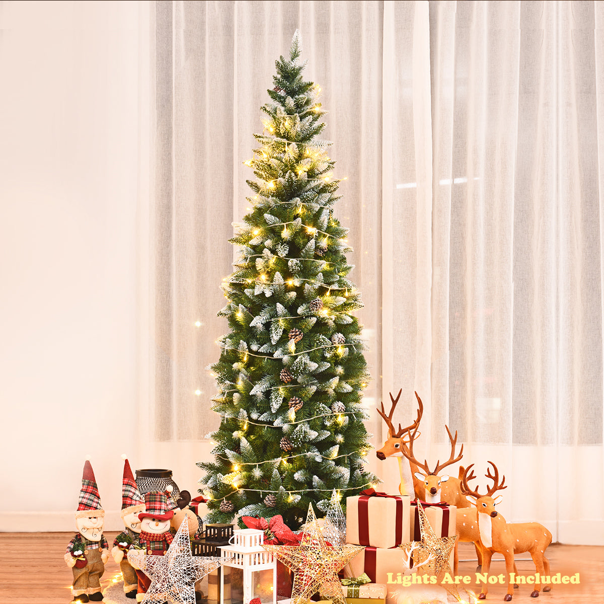 Topbuy 7.5FT Artificial Pencil Christmas Tree Snow Flocked Tree w/ Pine Cones and Metal stand