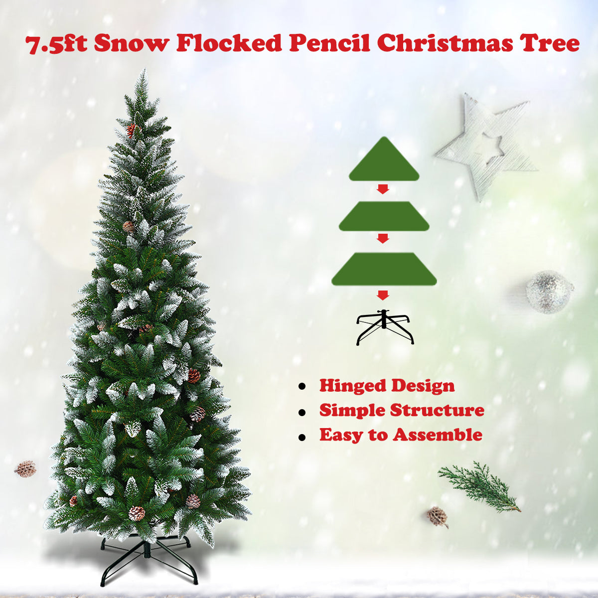 Topbuy 7.5FT Artificial Pencil Christmas Tree Snow Flocked Tree w/ Pine Cones and Metal stand