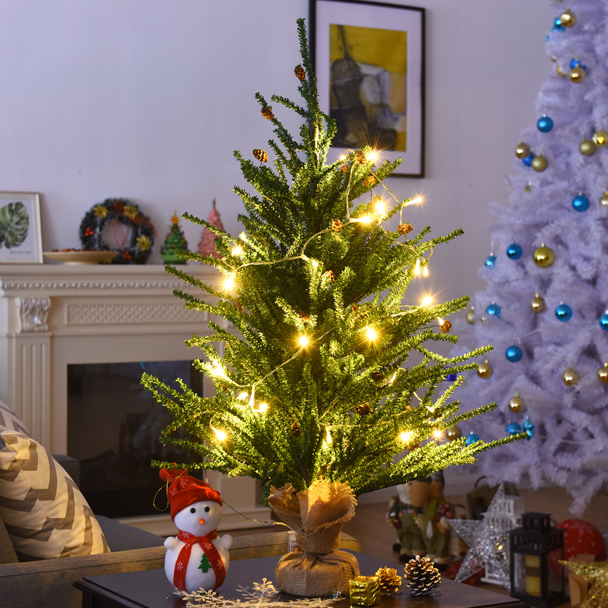 Topbuy Carmel Artificial Christmas Pine Tree with Pinecones&Burlap Base Green