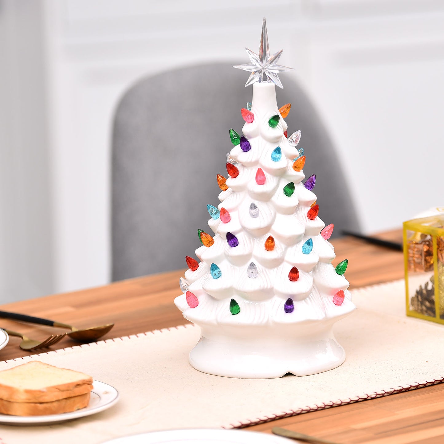 Topbuy 14'' Pre-Lit Hand-Painted Ceramic Christmas Tree Tabletop Xmas Decoration tree w/ 52 Multicolored Lights and Top Star