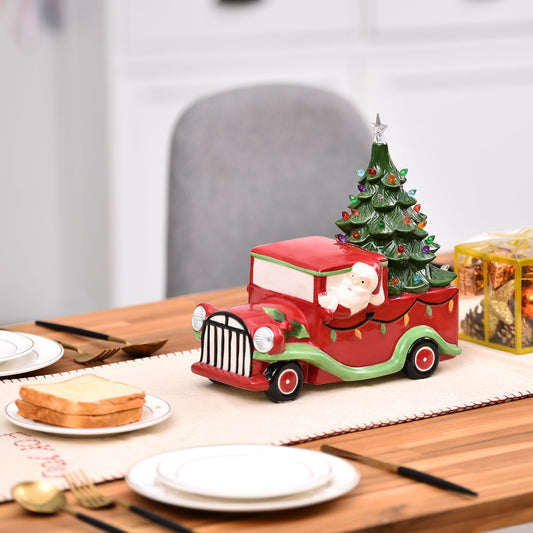 Topbuy Red Truck Christmas Decoration with Santa and LED Tree Pre-Lit Vintage Ceramic Tree and Truck w/ Headlights