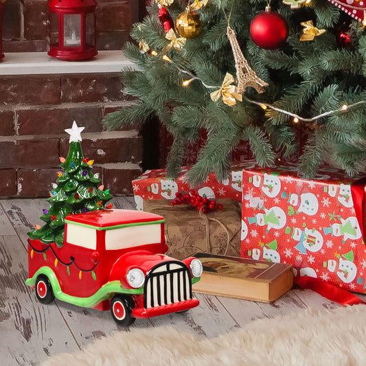 Topbuy Red Truck Christmas Decoration with Santa and LED Tree Pre-Lit Vintage Ceramic Tree and Truck w/ Headlights