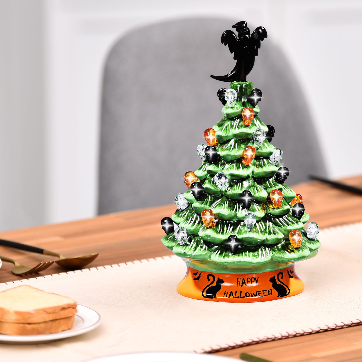 Topbuy Pre-Lit Hand-Painted Ceramic Halloween Tree Tabletop Xmas Decor w/ 40 Decorative Lights and Ghost Topper