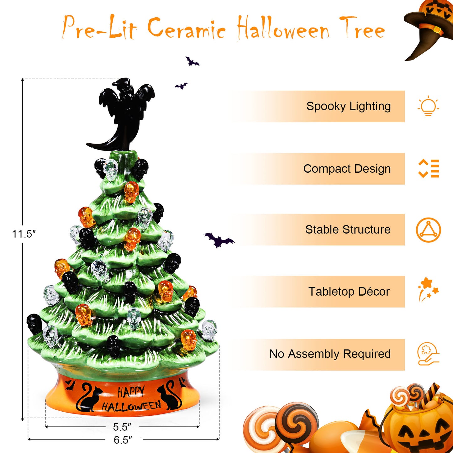 Topbuy Pre-Lit Hand-Painted Ceramic Halloween Tree Tabletop Xmas Decor w/ 40 Decorative Lights and Ghost Topper