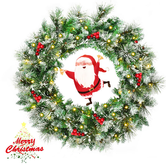 Topbuy 24'' Spruce Christmas Wreath Pre-Lit Artificial Flocked Christmas Decorations with LED Lights