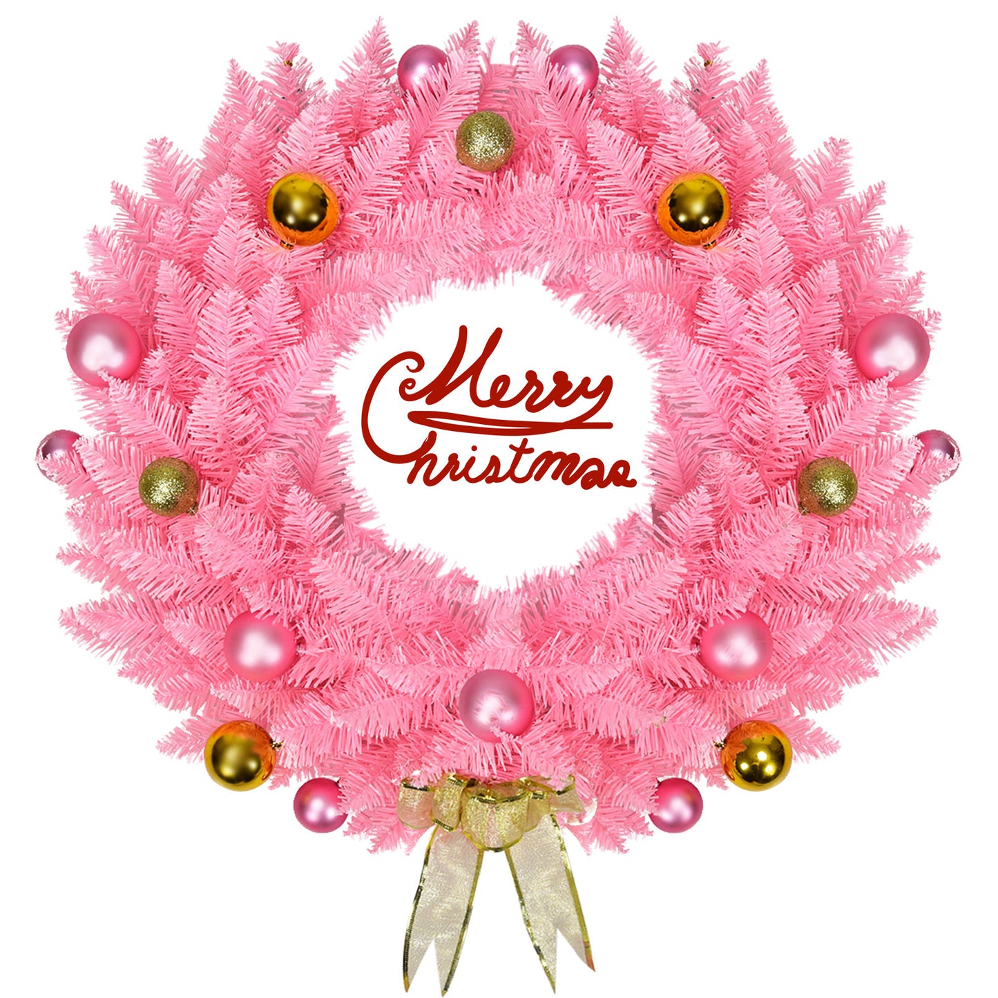 Topbuy 24'' Pink Artificial Christmas Wreath with Ornament Balls & Golden Bow