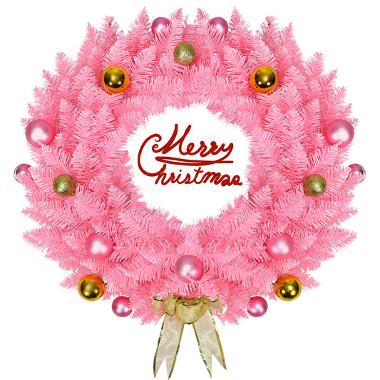 Topbuy 24'' Pink Artificial Christmas Wreath with Ornament Balls & Golden Bow