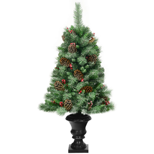 Topbuy 4FT Snow Flocked Artificial Christmas Tree PVC Entrance Tree with Pine Cones & Red Berries