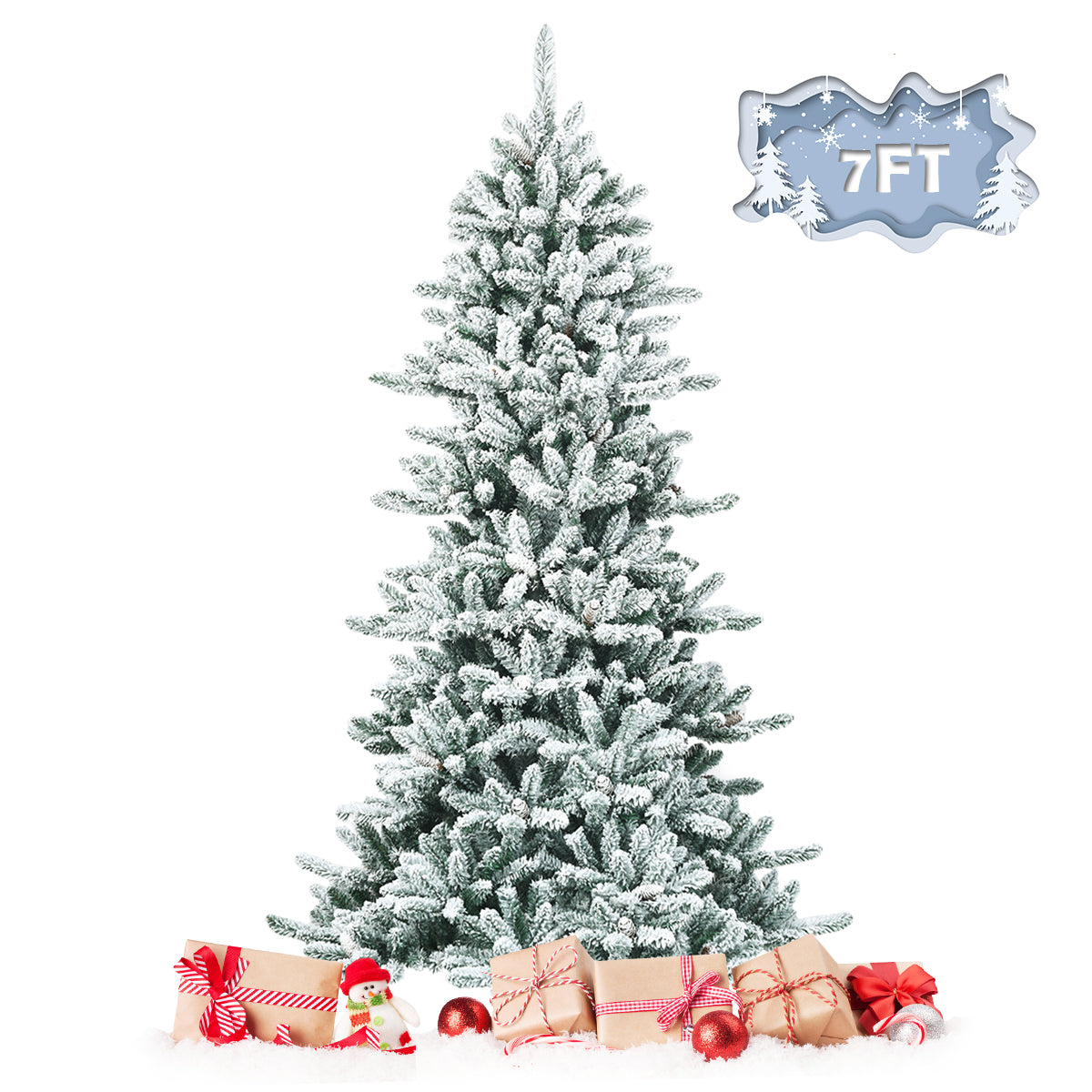 Topbuy 7ft Snow Flocked Fir Artificial Christmas Tree Hinged Decoration Pine Tree